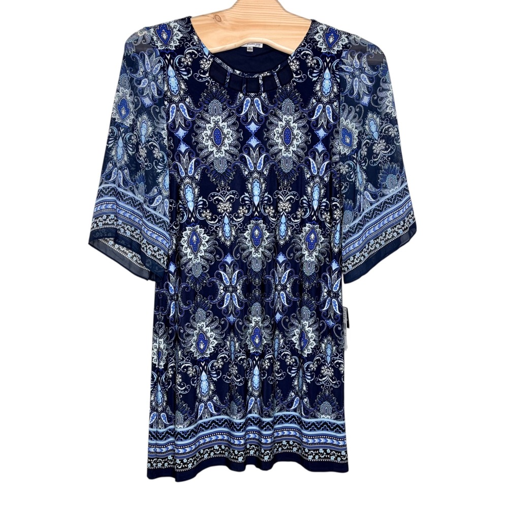 Studio One Dress XL Navy Multi Paisley Sheer Flutter Sleeve Shift 75230AJP NWT
